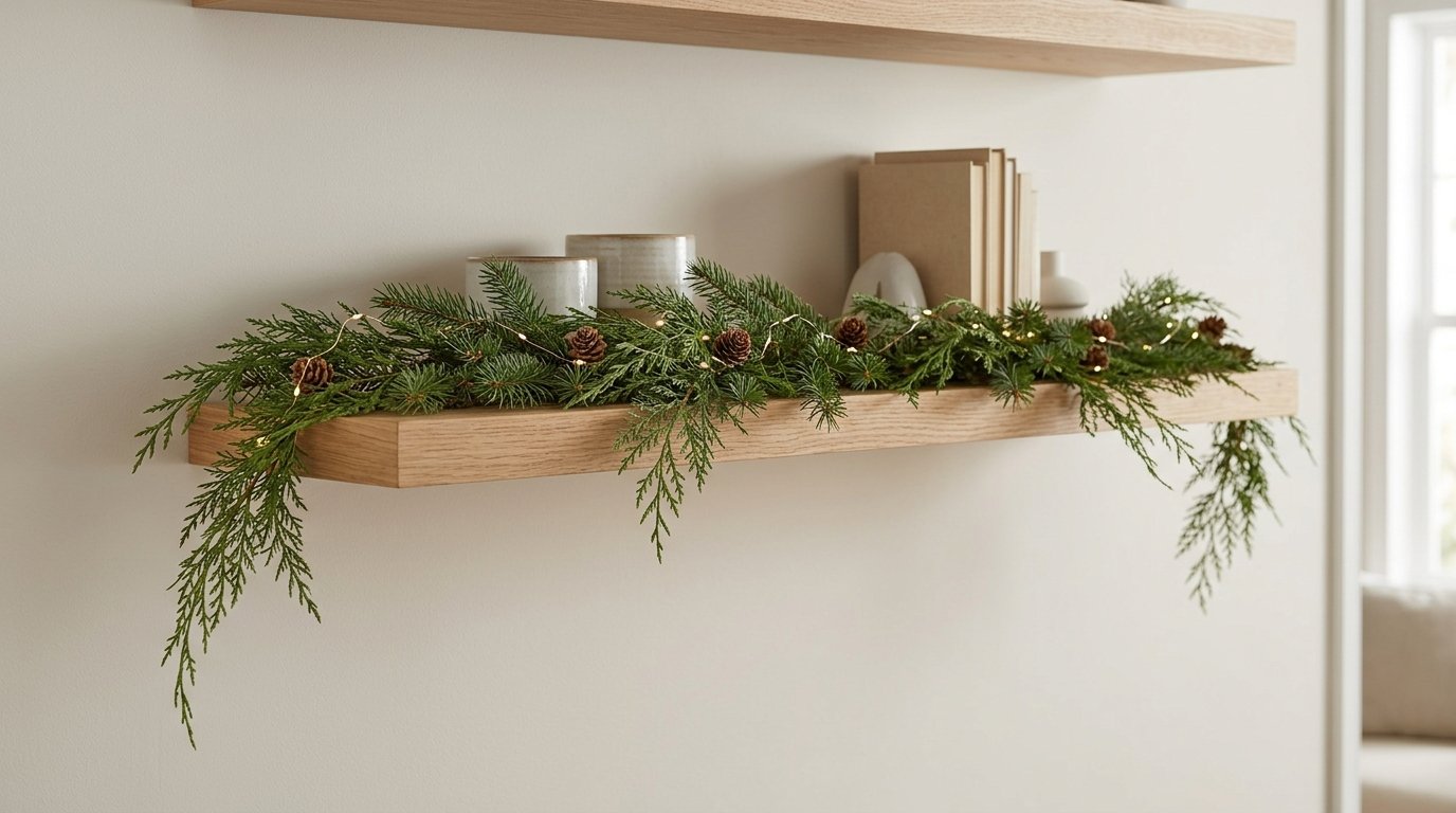 An evergreen garland rests along the edge of an open wooden shelf.