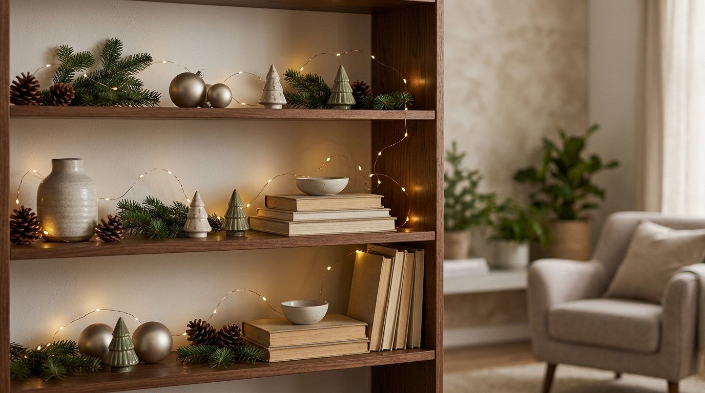 Warm fairy lights weave behind Christmas decorations on a shelf.