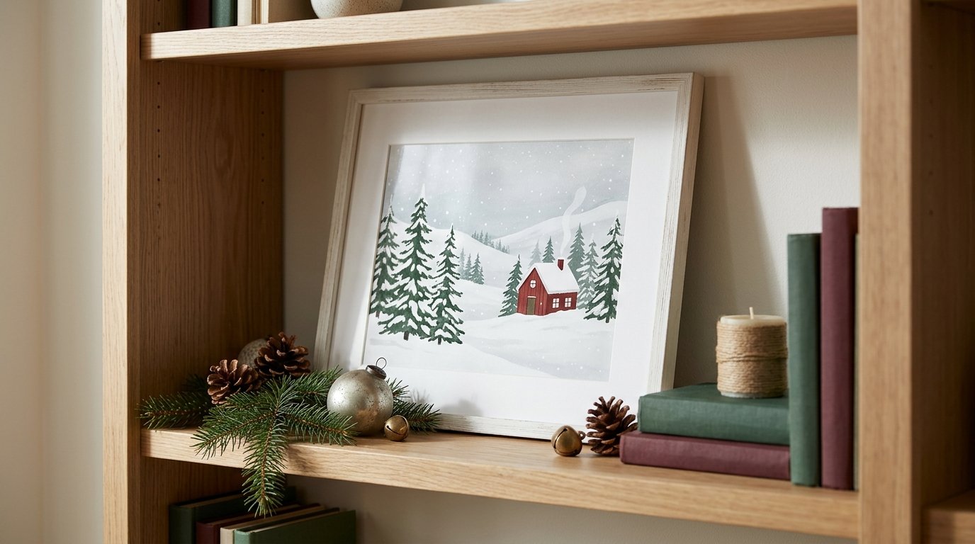 A framed winter scene leans against the back of a shelf beside pinecones, greenery, and Christmas ornaments.