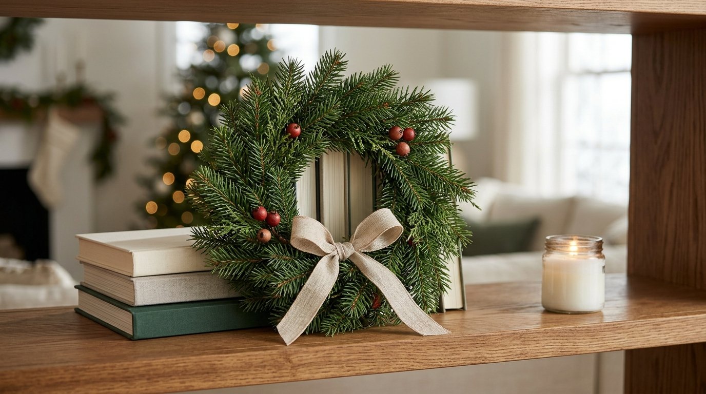 A small evergreen wreath rests against a stack of books on a decorated shelf.