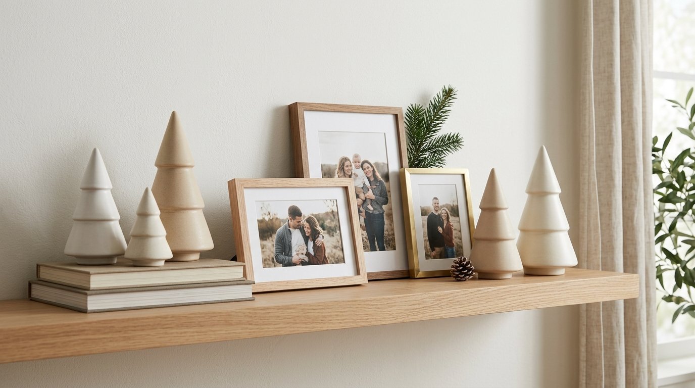 Neutral ceramic Christmas trees and framed family photographs arranged on a shelf.