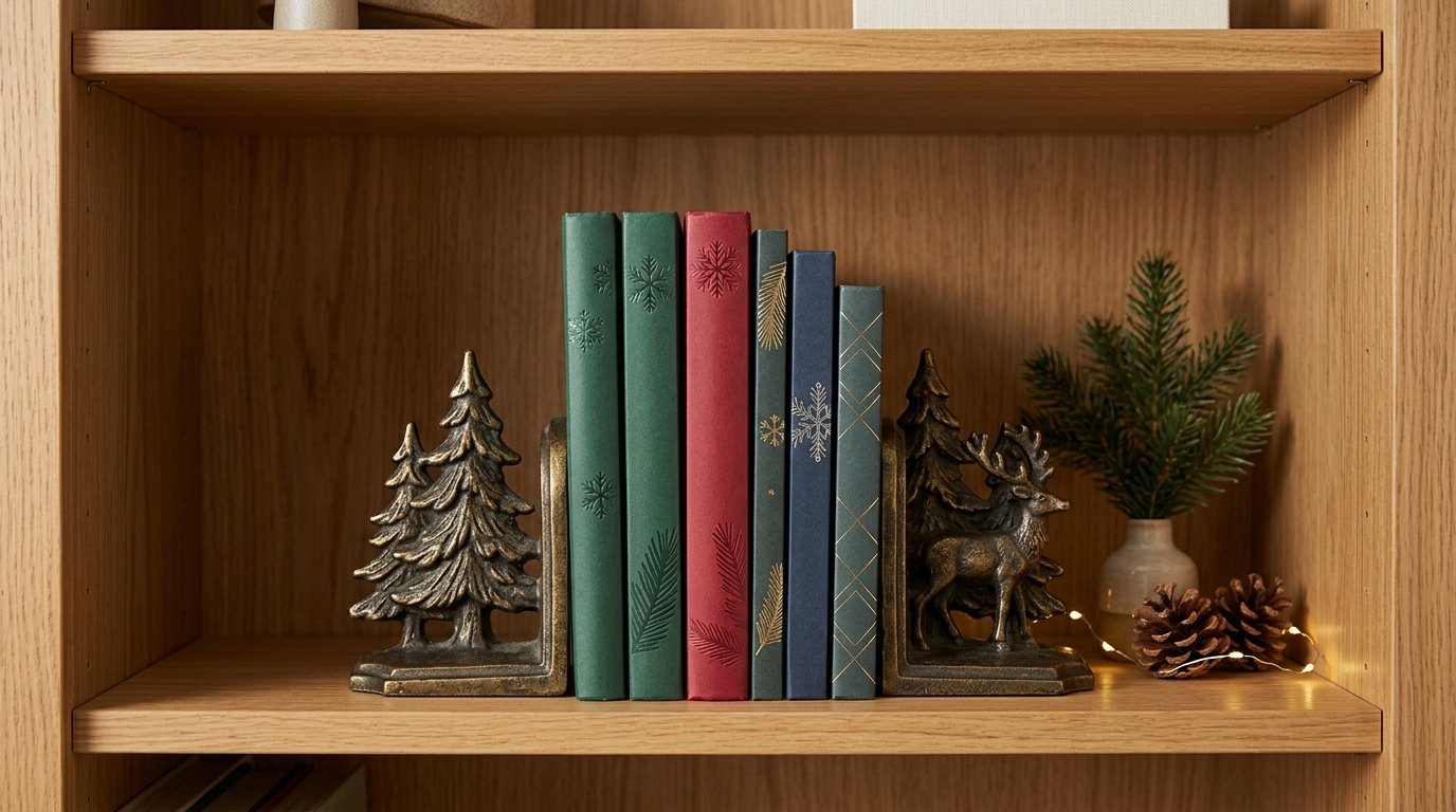 Festive books arranged between decorative bookends on a shelf.