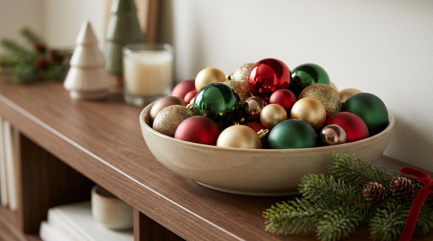 A shallow bowl filled with colorful Christmas ornaments sits on a shelf.
