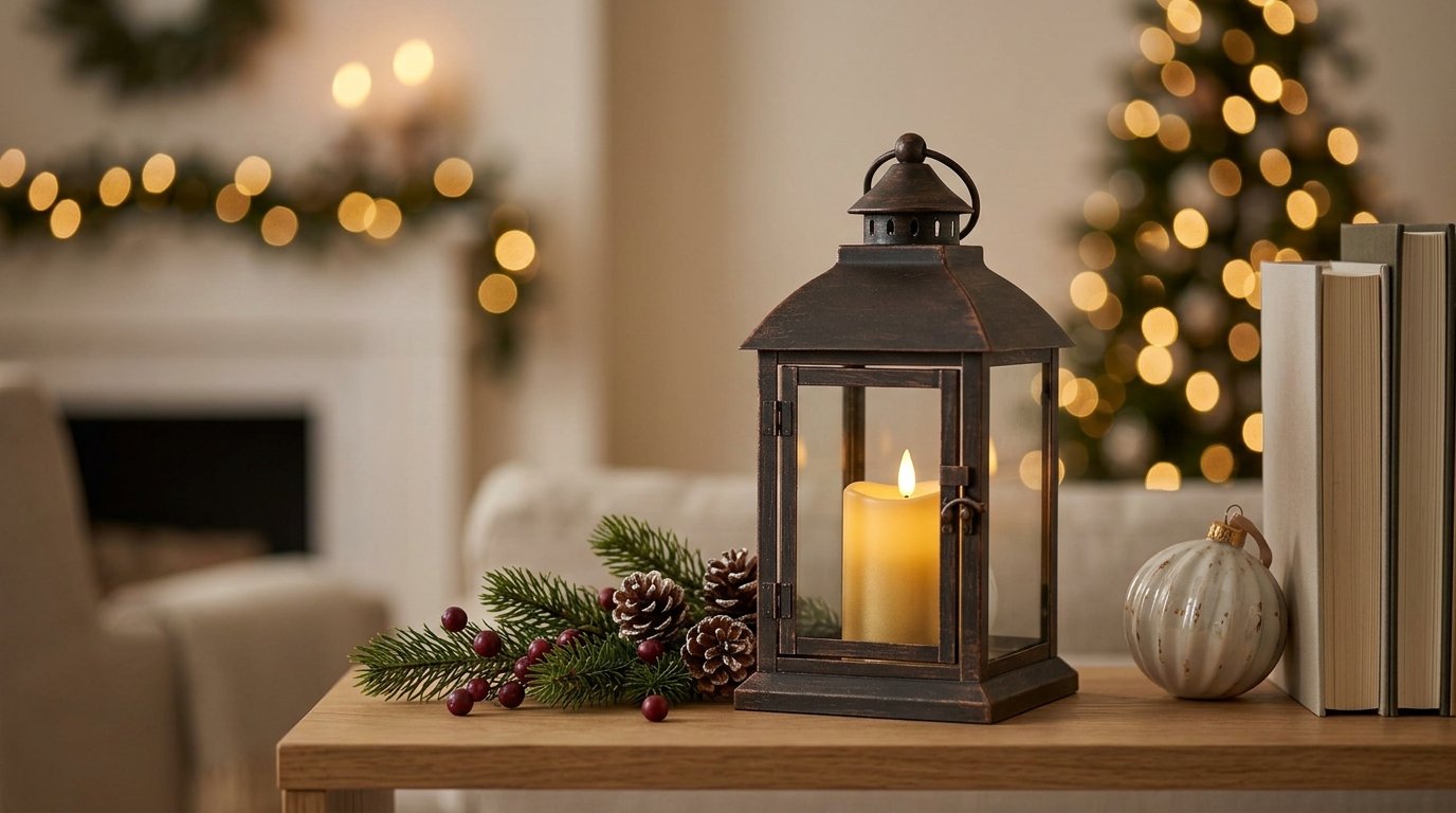A glowing LED candle inside a small lantern on a Christmas-decorated shelf.