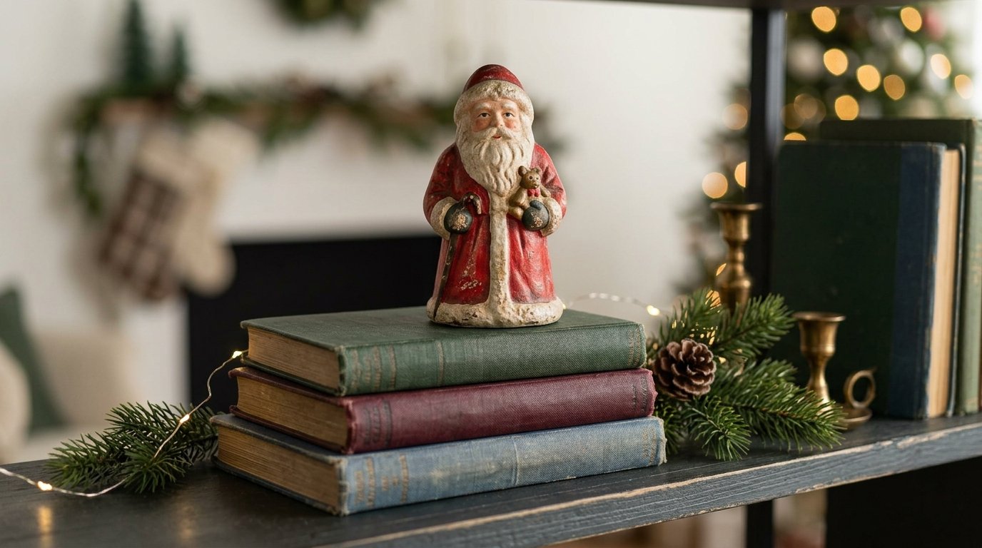 A vintage Santa figurine sits on a stack of books on a decorated Christmas shelf.