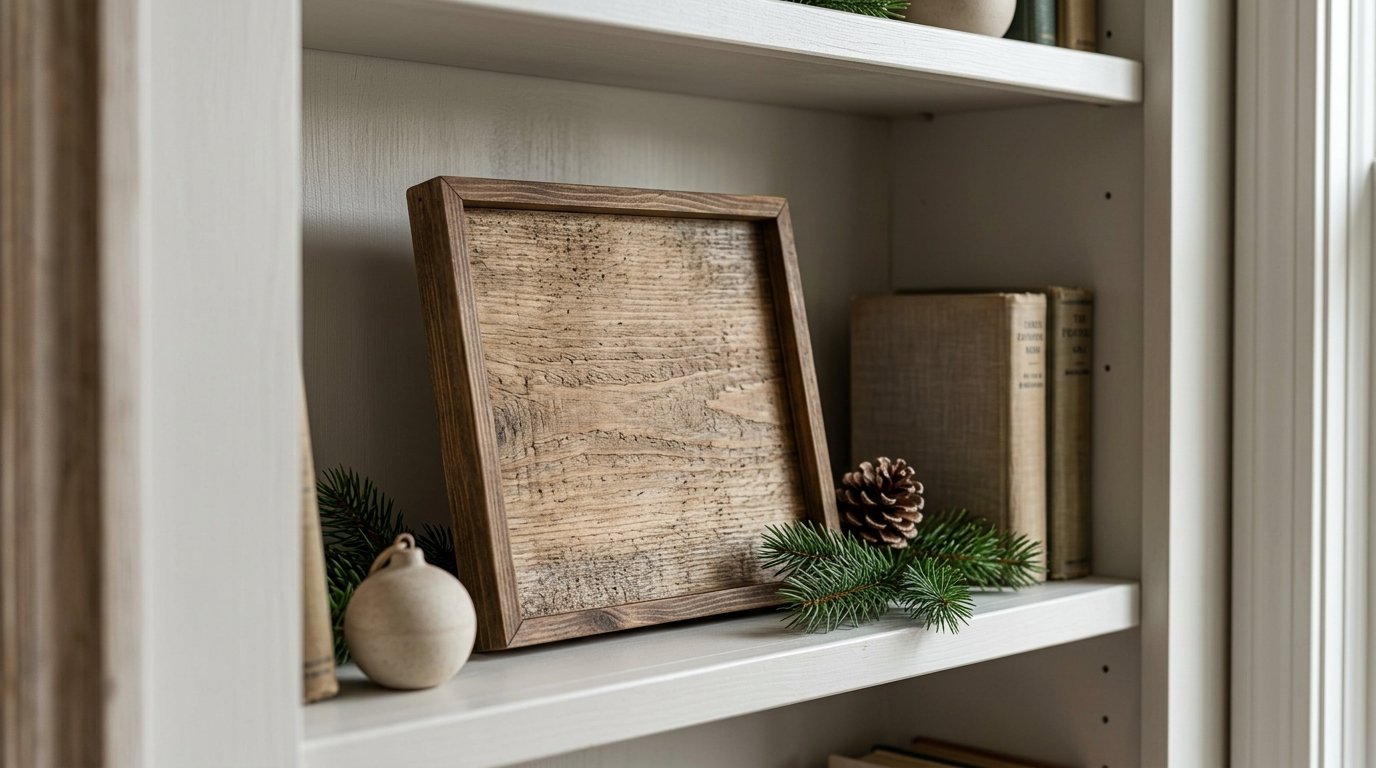 A small wooden sign leans inside a built-in shelf beside evergreen greenery and a pinecone.