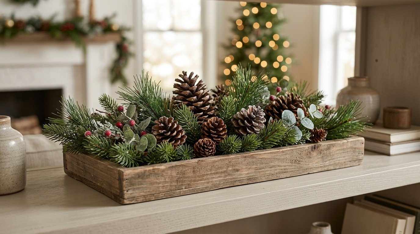 Pinecones and evergreen greenery arranged in a wooden tray on a shelf.