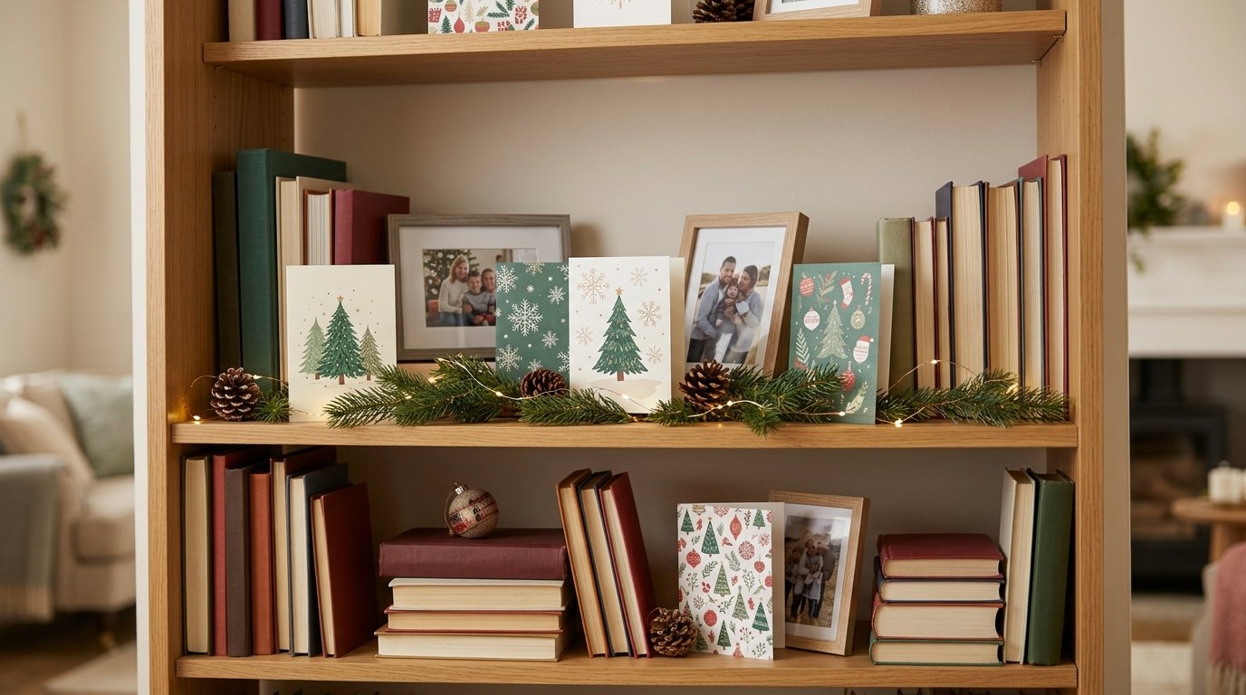 Christmas cards arranged between books and framed photos on a decorated shelf.
