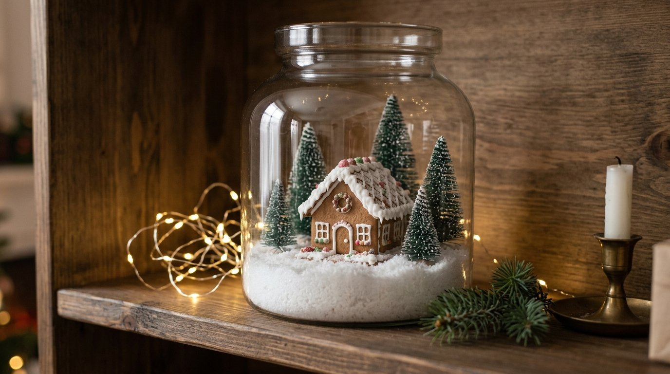 A miniature gingerbread house and tiny evergreen trees sit in faux snow inside a clear glass jar on a decorated shelf.