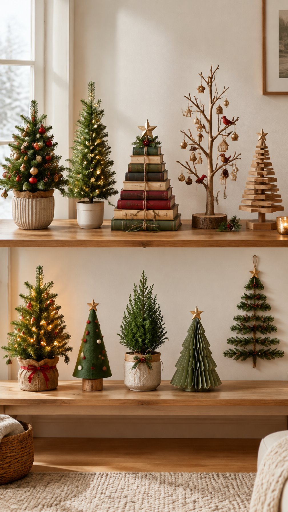 Ten small decorated Christmas trees arranged in a bright room.