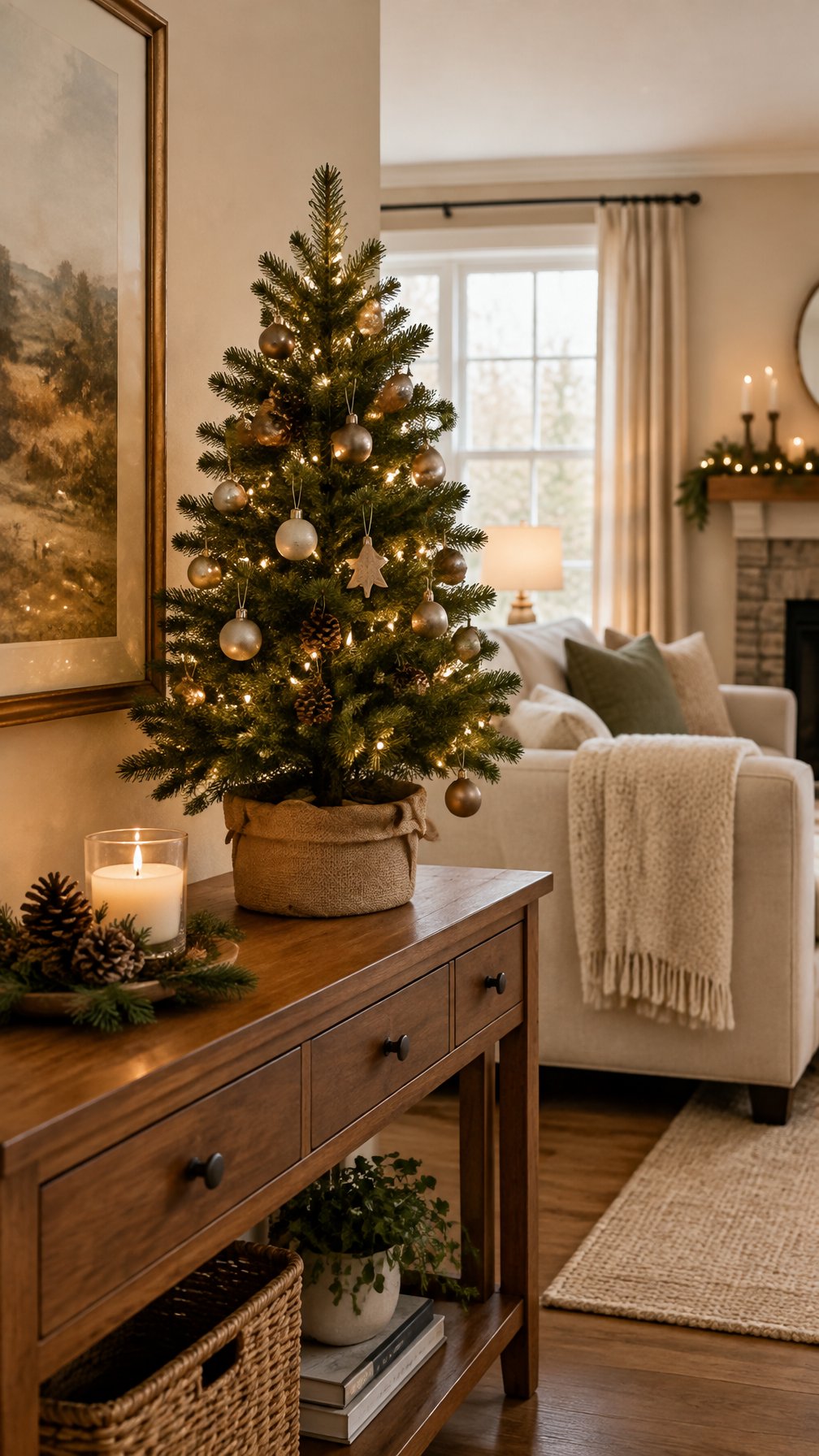 A small decorated Christmas tree sits on a console table in a living room.