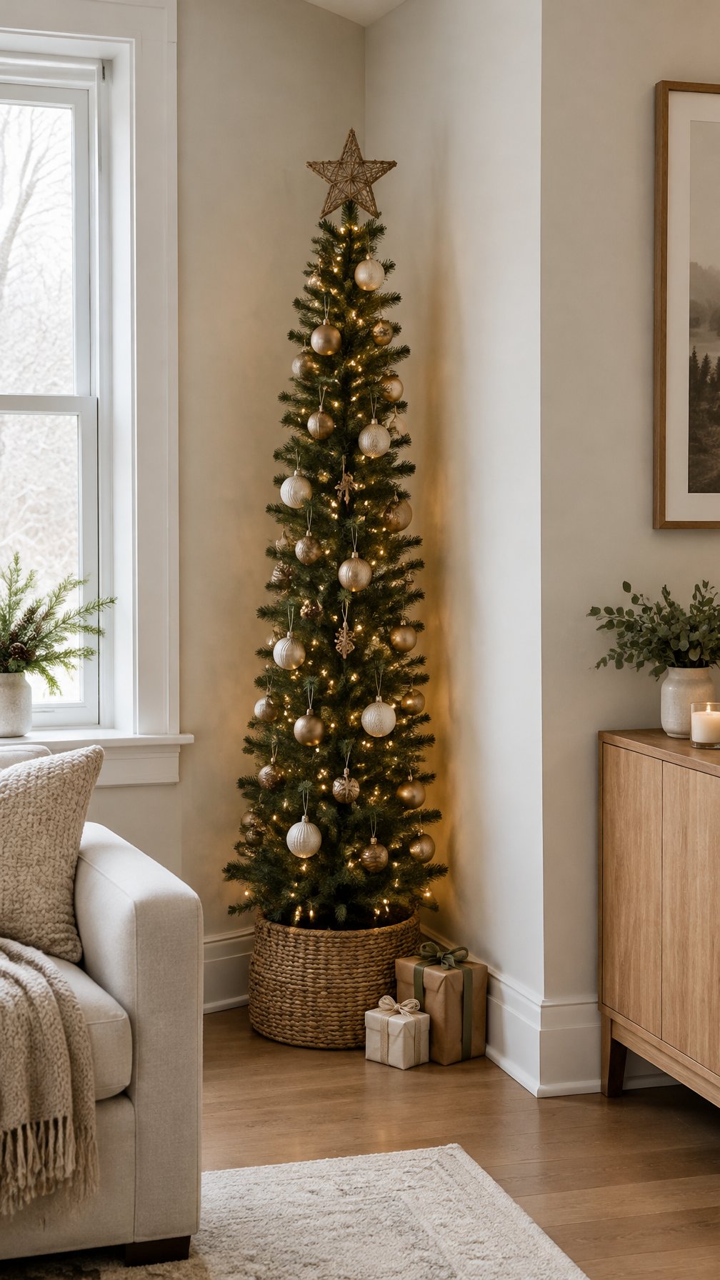 A slim decorated Christmas tree stands in the corner of a room.