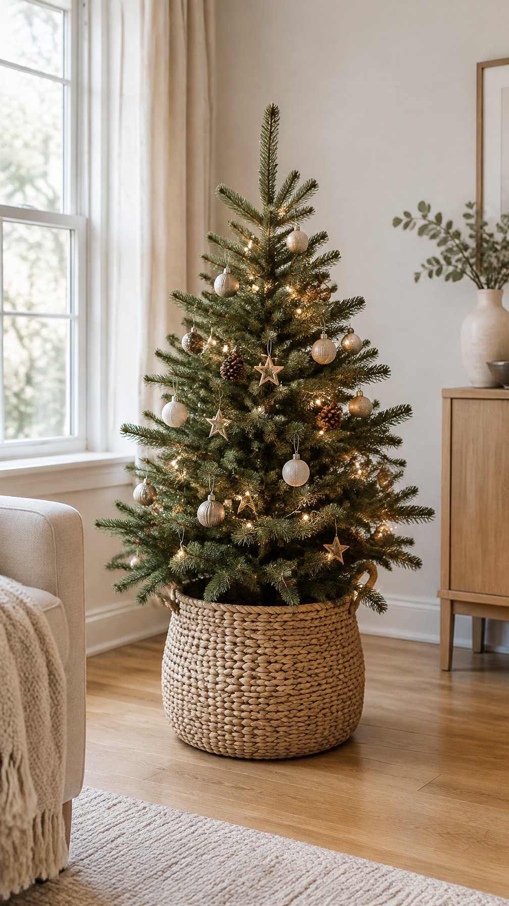 A small decorated Christmas tree stands in a woven basket on the floor.