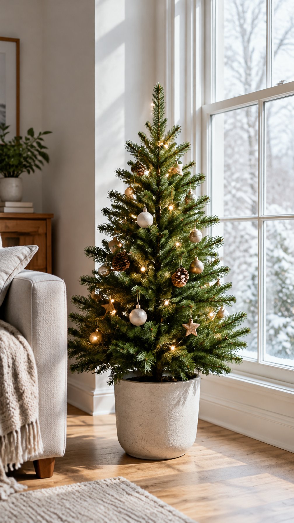 A small decorated evergreen in a pot beside a bright window.