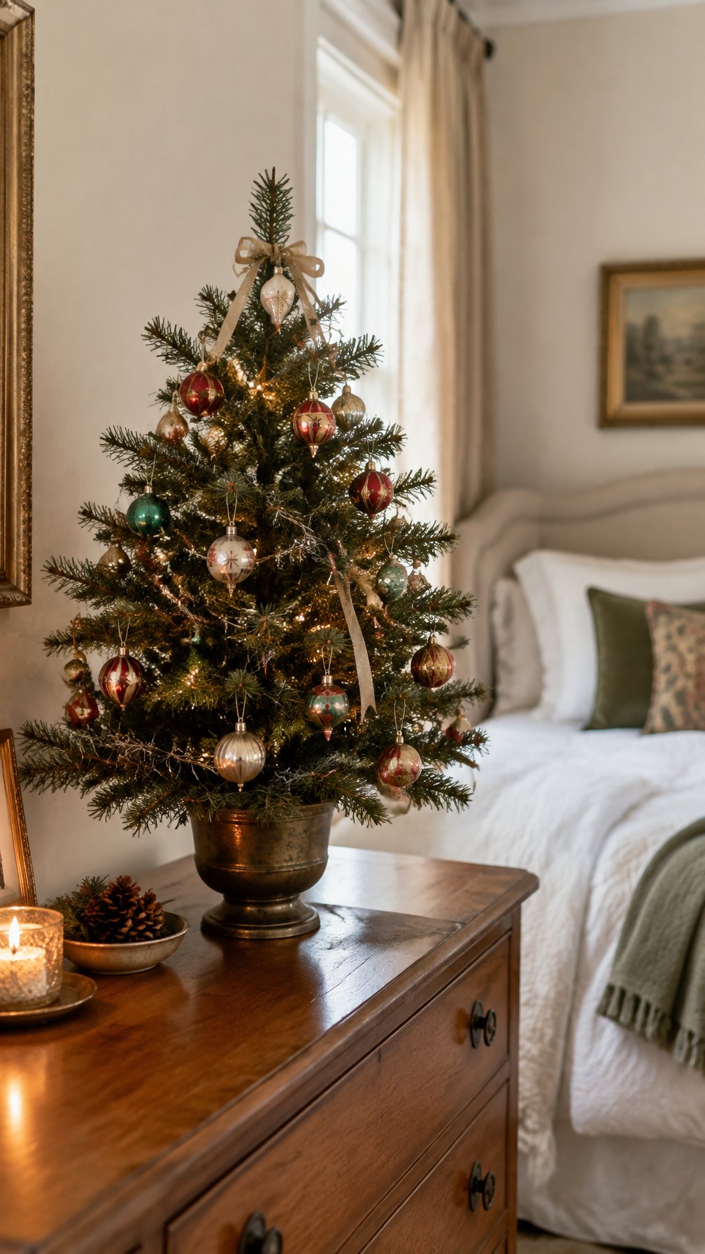 A small Christmas tree decorated with vintage ornaments stands on a bedroom dresser.