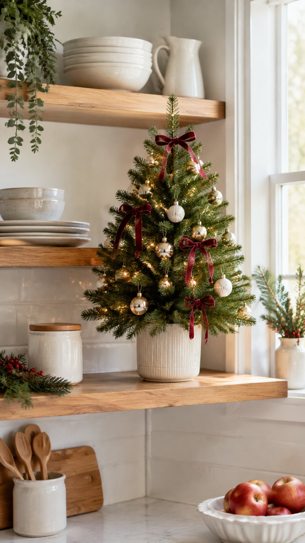 A small ribbon-trimmed Christmas tree sits on a kitchen shelf.