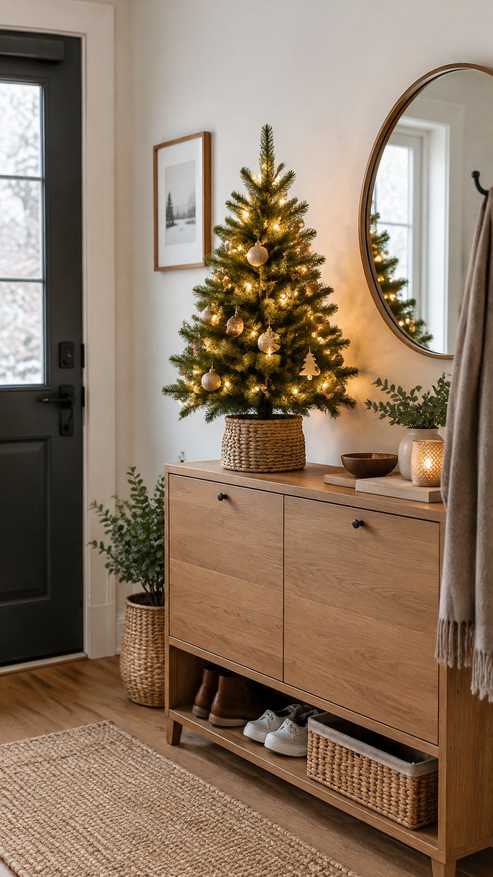 A small, lit Christmas tree sits on an entryway shoe cabinet.