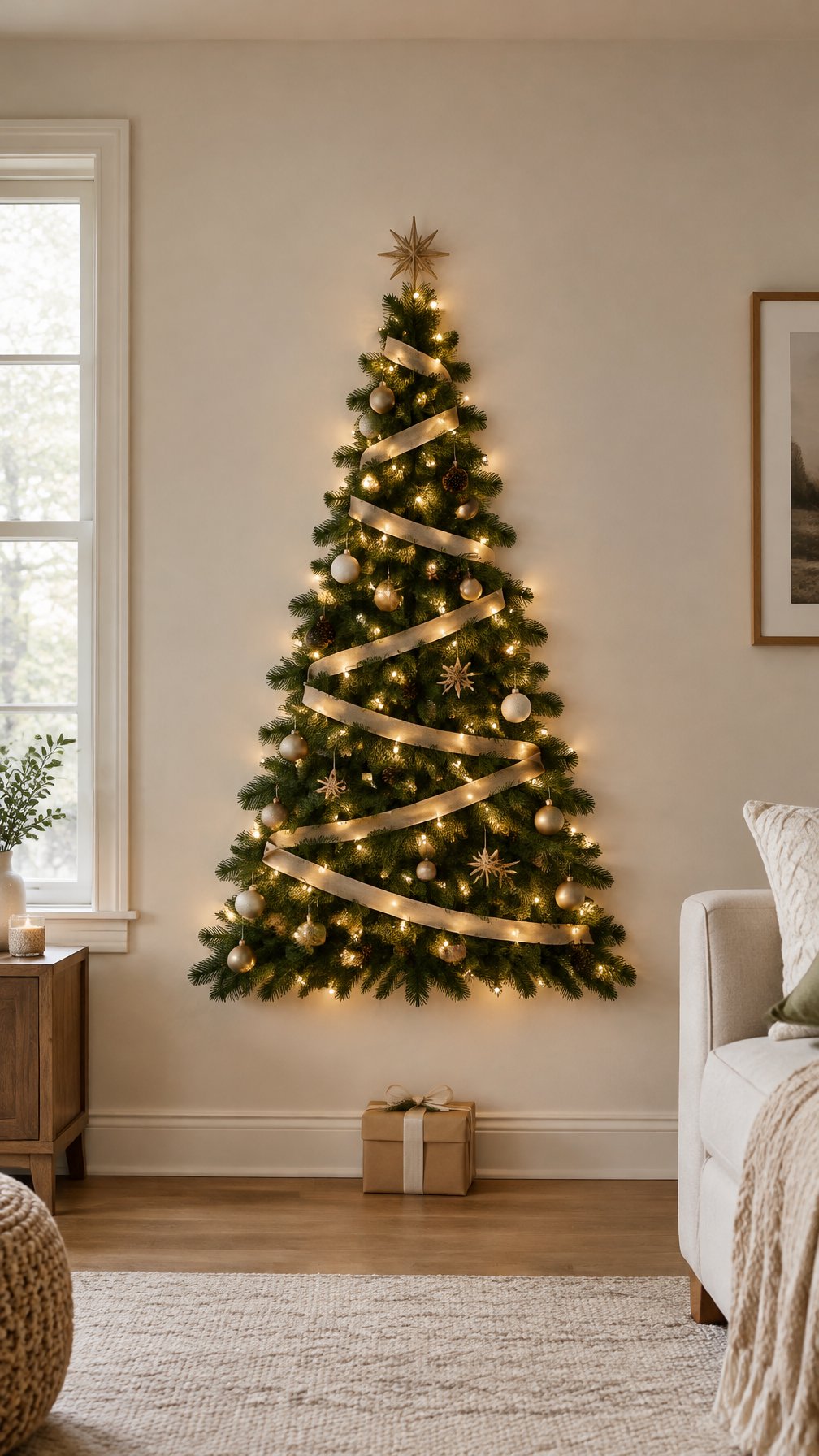 A ribbon and light Christmas tree arranged flat against a living room wall.