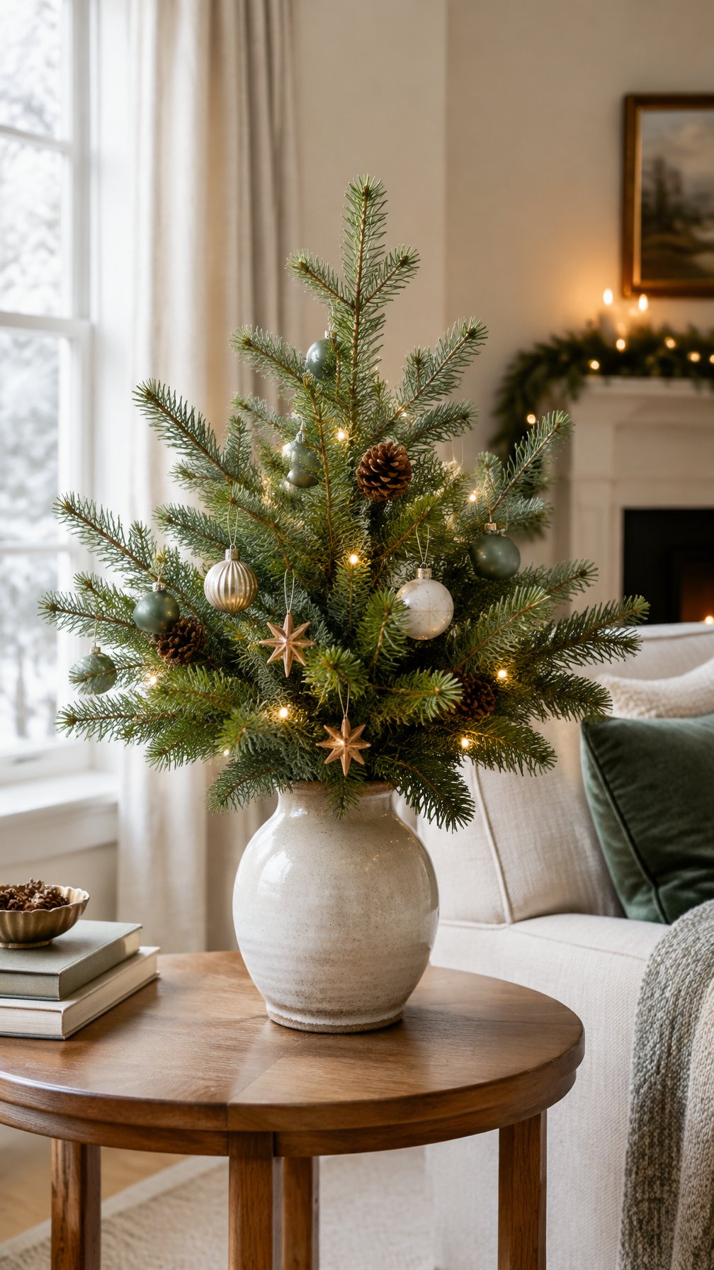 Evergreen branches decorated for Christmas stand in a weighted vase.