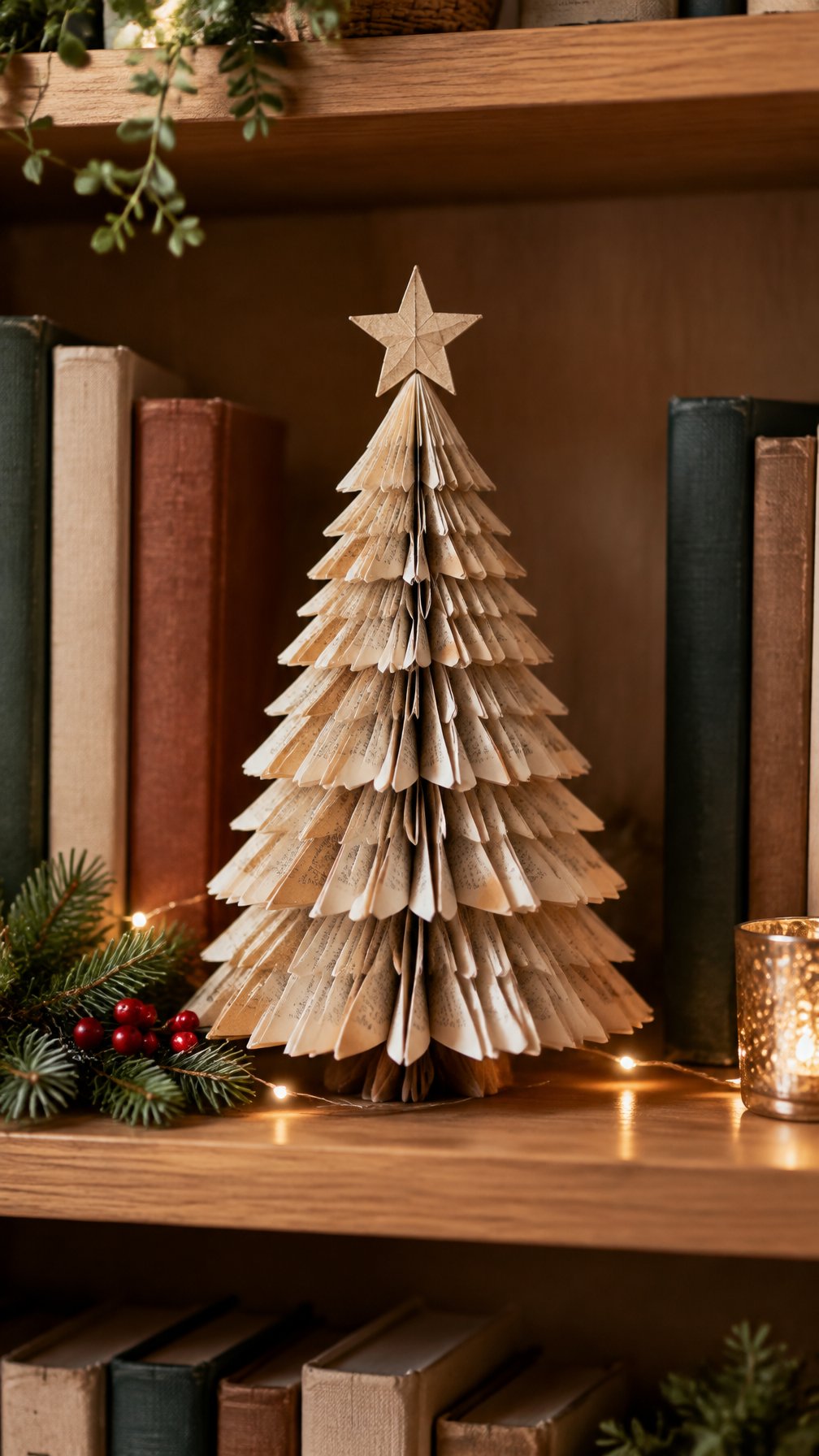 A handmade tree made from folded book pages sits on a bookshelf.