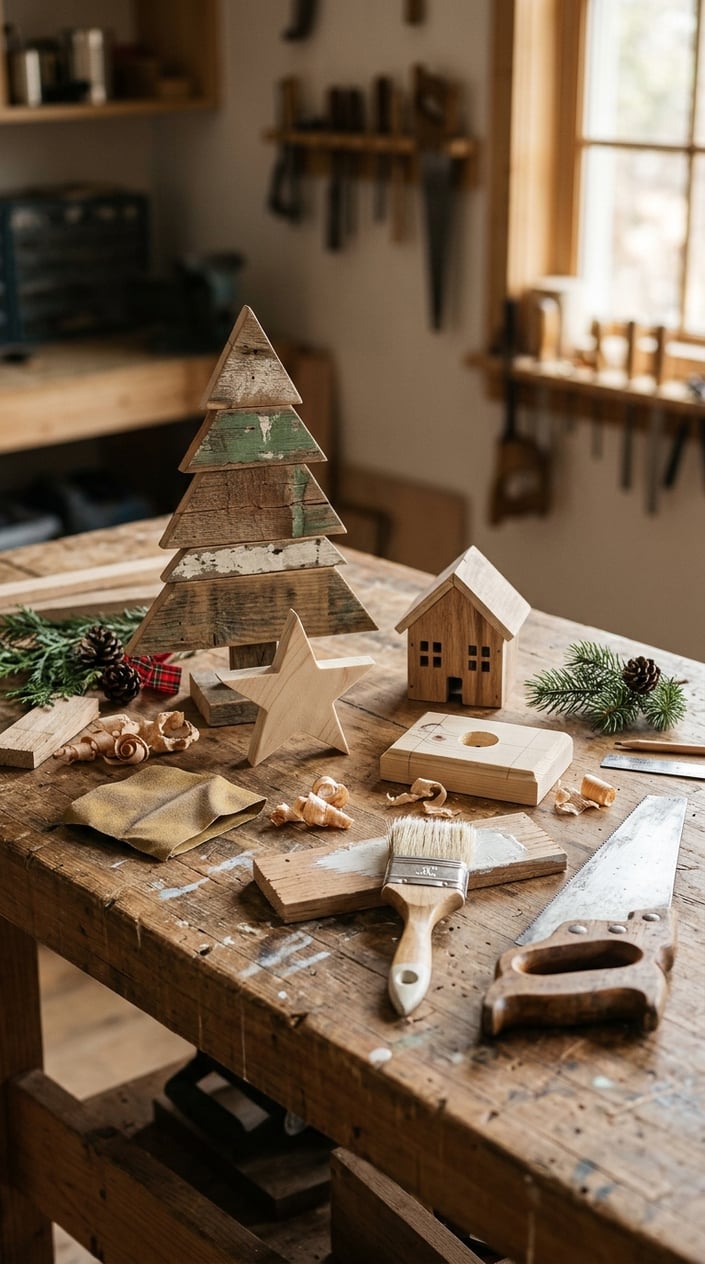 Handmade wooden Christmas decorations and woodworking tools arranged on a workbench.