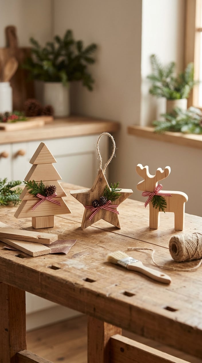 Three handmade wooden Christmas decorations sit on a workbench beside basic crafting supplies.