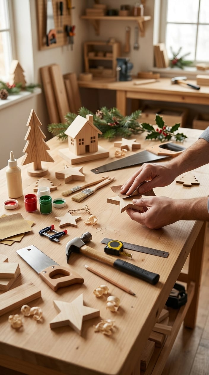 Hands sand a wooden Christmas ornament on a workbench surrounded by tools, paint, and unfinished wood projects.