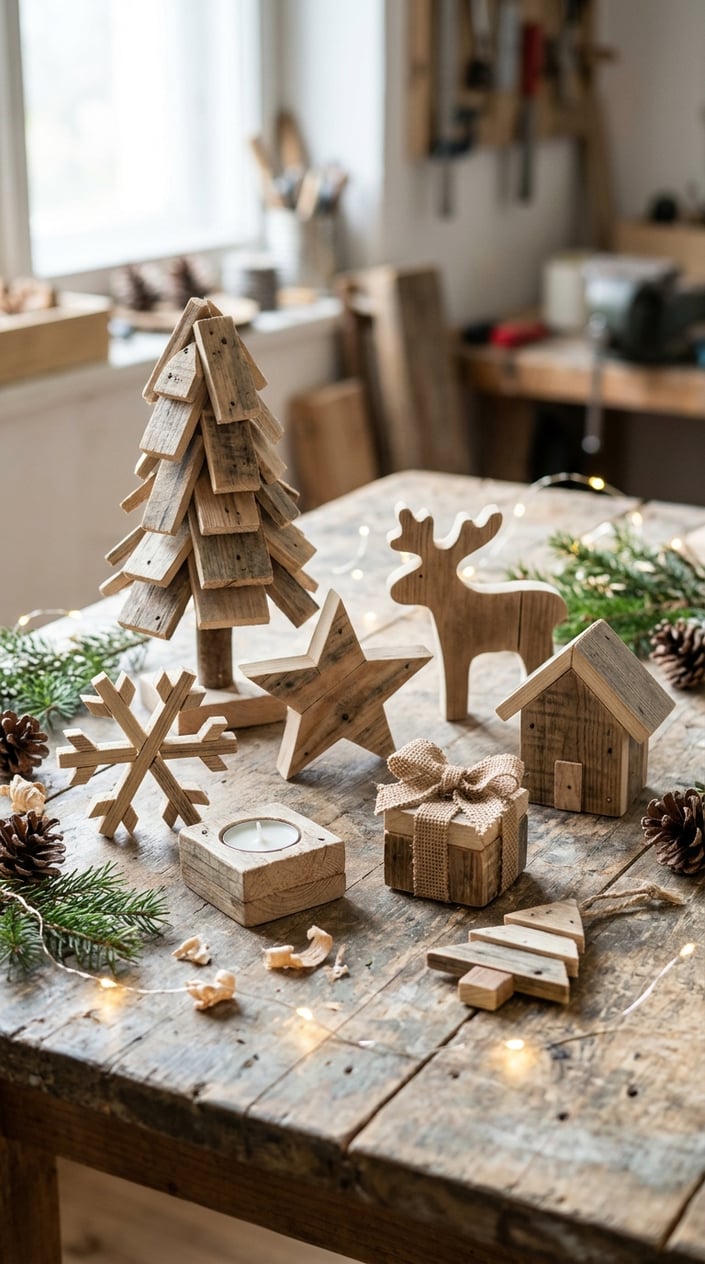 Eight handmade wooden Christmas decorations arranged on a table with evergreen sprigs and pinecones.