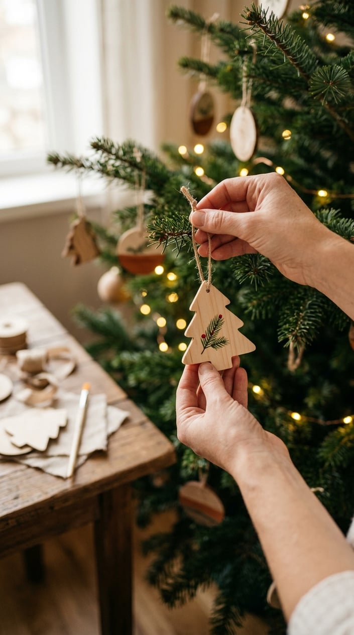 A person hangs a handmade wooden ornament on a Christmas tree.