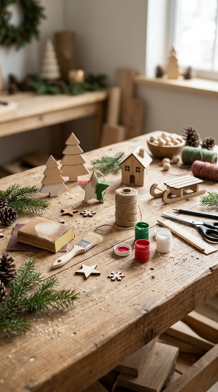 Wooden Christmas decorations and craft supplies arranged on a worktable.